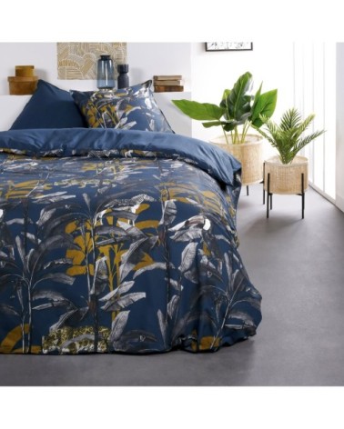 Parure de lit 2 personnes imprimé jungle en Coton Bleu 220x240 cm
