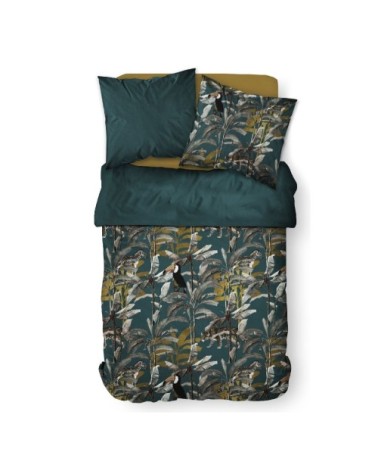 Parure de lit 2 personnes imprimé jungle en Coton Bleu 220x240 cm