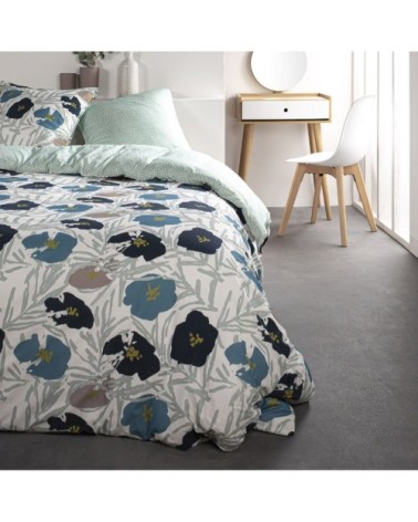 Parure de lit 2 personnes imprimé floral en Coton Bleu 240x260 cm