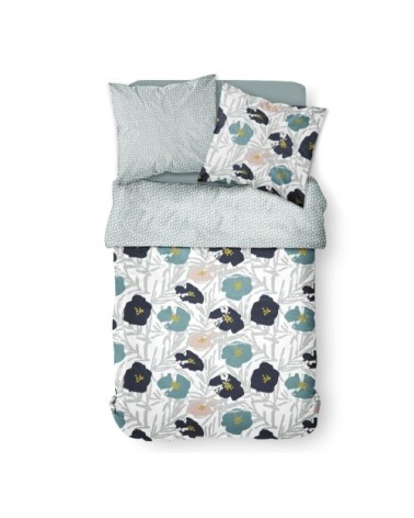Parure de lit 2 personnes imprimé floral en Coton Bleu 240x260 cm