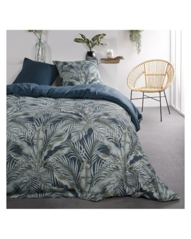 Parure de lit 2 personnes imprimé jungle en Coton Bleu 220x240 cm