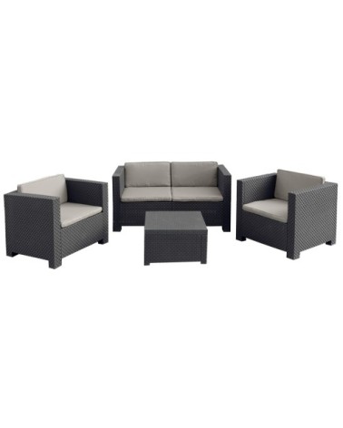 Salon de jardin 4 places effet résine injectée gris + coffre