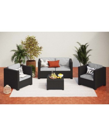 Salon de jardin 4 places effet résine injectée gris + coffre