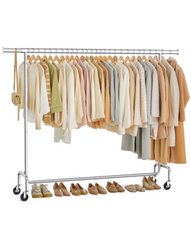 Portant à vêtements avec roulettes tringle extensible en métal argent