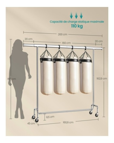 Portant à vêtements avec roulettes tringle extensible en métal argent
