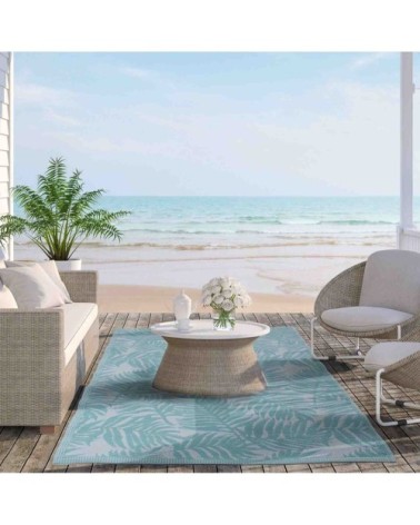 Tapis extérieur motif palmier turquoise 150x220