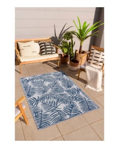 Tapis extérieur motif palmier bleu 150x220