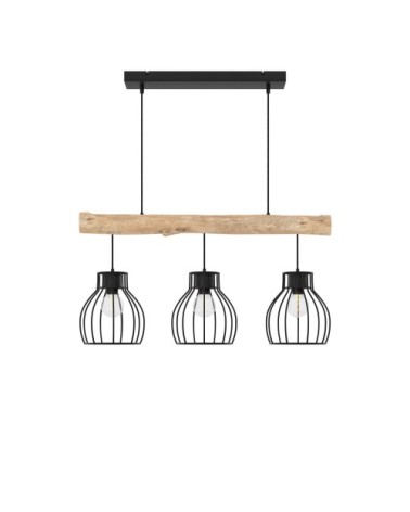 Suspension 3 lampes en bois d'eucalyptus et métal noir