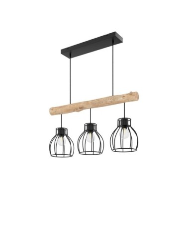 Suspension 3 lampes en bois d'eucalyptus et métal noir