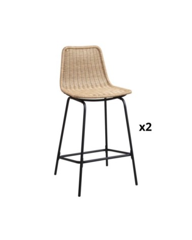 Lot de 2 tabourets de bar en métal et rotin 65 cm