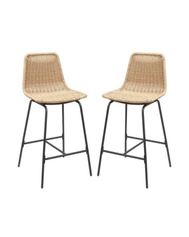 Lot de 2 tabourets de bar en métal et rotin 65 cm