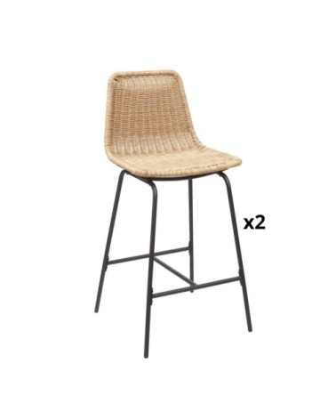 Lot de 2 tabourets de bar en métal et rotin 65 cm