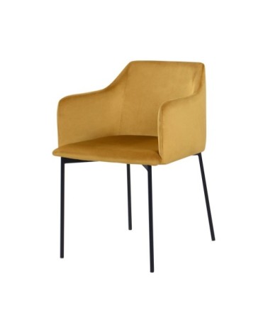 Fauteuil jaune moutarde en velours et pieds en métal noir