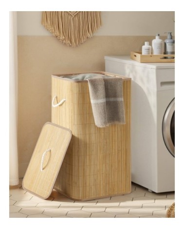 Panier à linge avec couvercle 90l pliable effet bois couleur naturelle