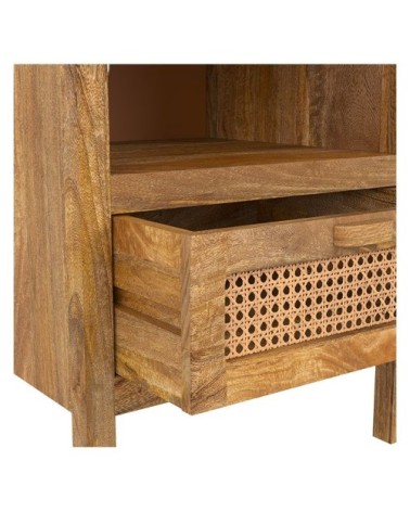 Table de chevet en cannage et bois, 1 tiroir et 1 niche