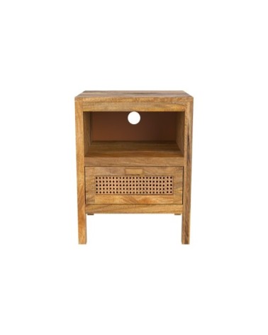 Table de chevet en cannage et bois, 1 tiroir et 1 niche