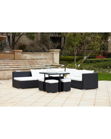 Salon de jardin encastrable 10 places en résine noir/blanc