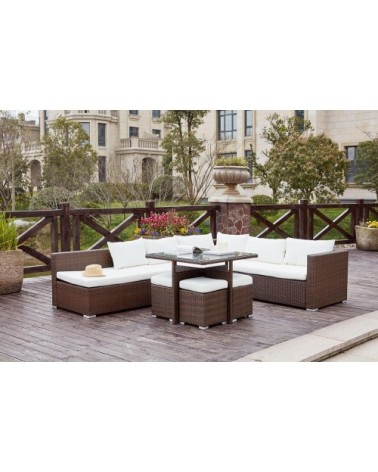 Salon de jardin encastrable 10 places en résine marron/blanc