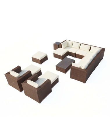 Salon de jardin modulable 13/14 places en résine marron/blanc