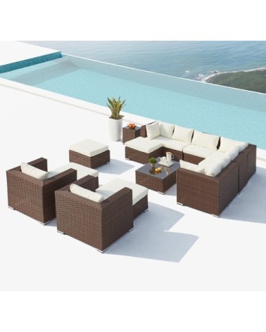 Salon de jardin modulable 13/14 places en résine marron/blanc