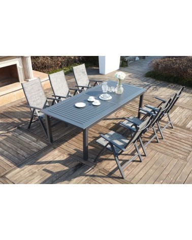 Table de jardin extensible 10 places et 6 fauteuils en alu