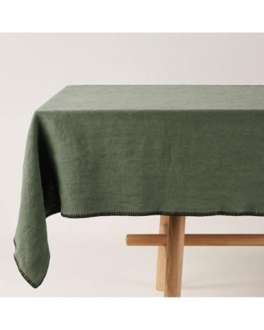 Nappe rectangulaire 140x250 cm Kaki grisé et feston noir en Lin
