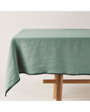 Nappe rectangulaire 140x320 cm Vert de gris et feston noir en Lin
