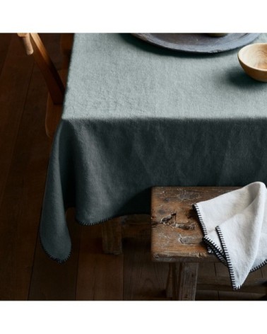 Nappe rectangulaire 140x320 cm Vert de gris et feston noir en Lin