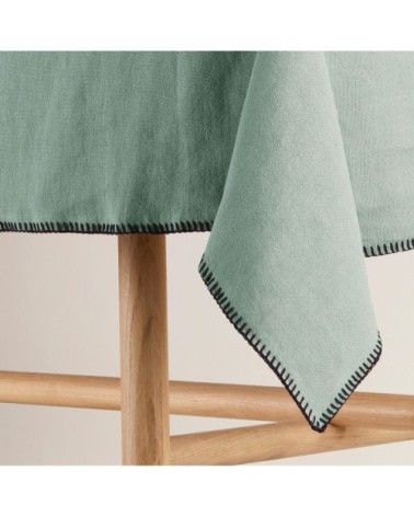 Nappe rectangulaire 140x320 cm Vert de gris et feston noir en Lin