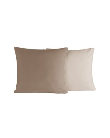 2 taies d'oreiller bicolores en percale coton taupe/ficelle 65x65 cm