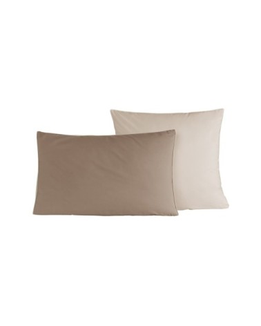 2 taies d'oreiller bicolores en percale coton taupe/ficelle 65x65 cm