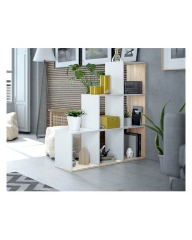 Bibliothèque escalier blanc/bois avec 6 cubes L108cm x H110cm