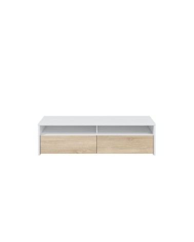 Meuble TV blanc/bois 2 portes et 2 niches de rangement L130 cm
