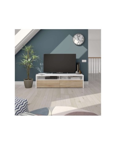 Meuble TV blanc/bois 2 portes et 2 niches de rangement L130 cm