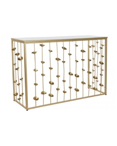 Console en métal doré et plateau miroir fleurs 126x43x81cm