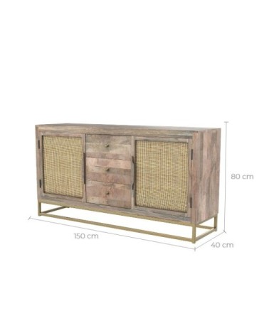 Buffet 2 portes 3 tiroirs en bois patiné, jute et métal