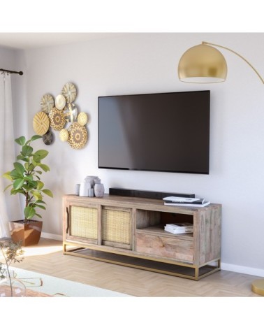 Meuble TV en bois de manguier patiné et jute 145 cm