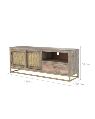 Meuble TV en bois de manguier patiné et jute 145 cm