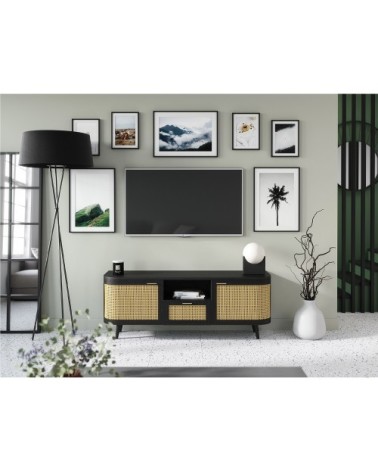 Meuble TV en bois de manguier et cannage 145 cm
