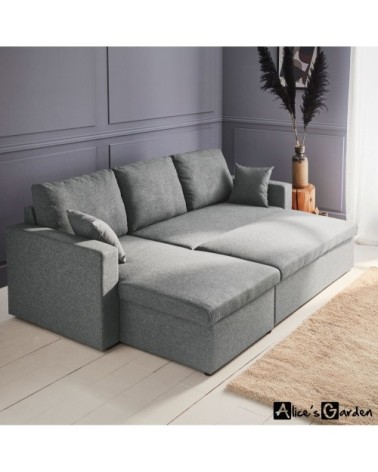 Canapé d'angle convertible 3 places en tissu gris clair