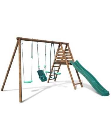 Balançoire en bois traité 3 agrès et toboggan