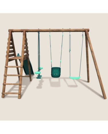 Balançoire en bois traité 3 agrès et toboggan