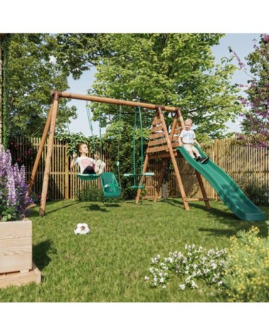 Balançoire en bois traité 3 agrès et toboggan