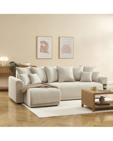 Canapé d'angle convertible en velours côtelé 4 places beige