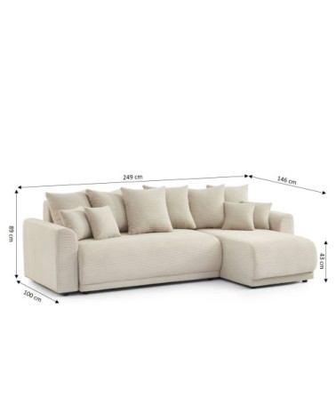 Canapé d'angle convertible en velours côtelé 4 places beige