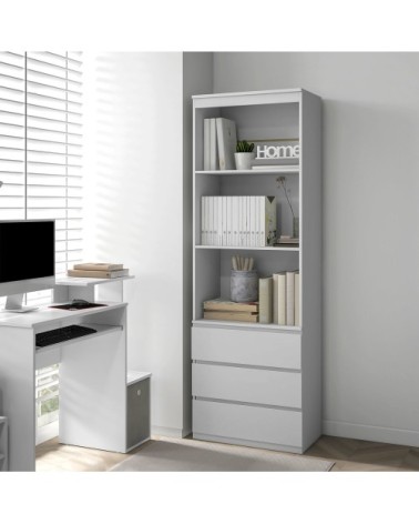 Bibliothèque de rangement haute 3 étagères 3 tiroirs bois blanc