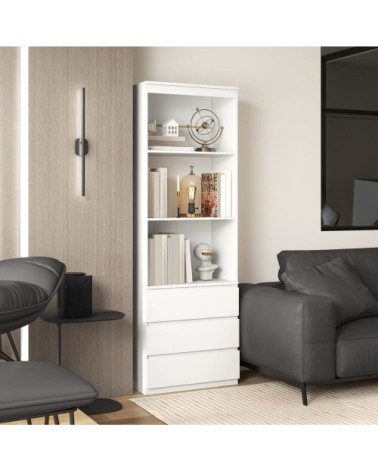 Bibliothèque de rangement haute 3 étagères 3 tiroirs bois blanc