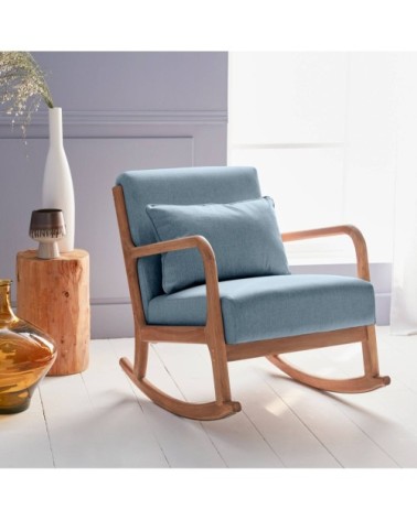 Fauteuil à bascule design bois et tissu bleu