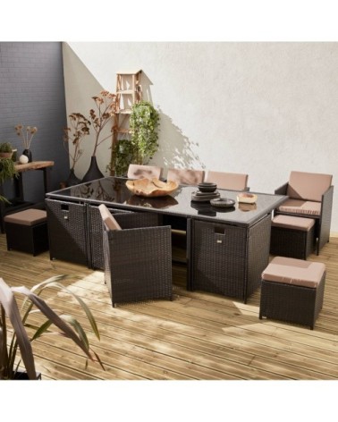 Ensemble de jardin 8-12 places marron coussins taupe