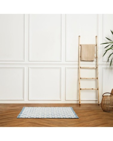 Tapis de bain en coton fantaisie blanc et bleu 50x80cm